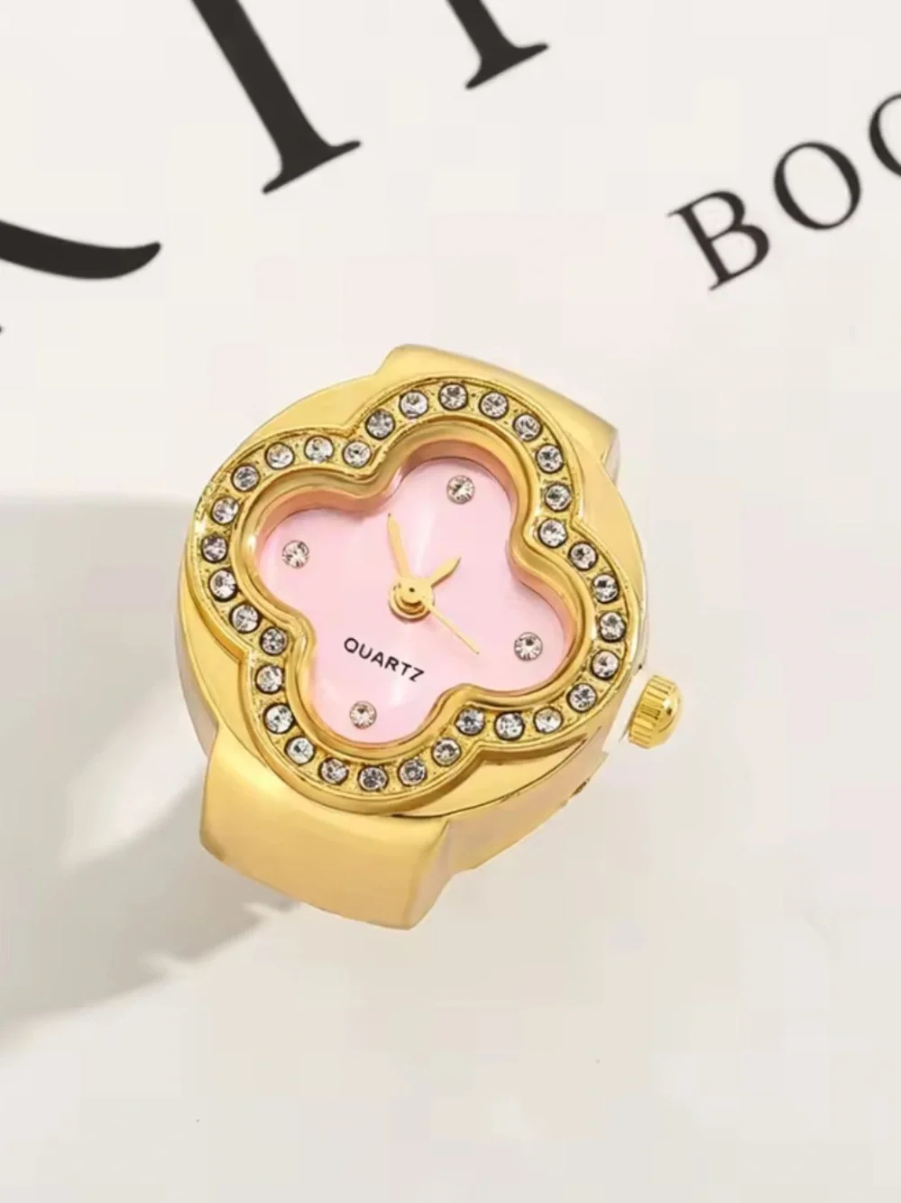 Gold-Tone Pink Floral Ring Watch with Crystal Accents
